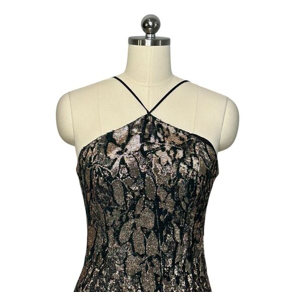 Theia Navy Rose Gold Floral Metallic Halter Sheath Cocktail Dress | 6 - Picture 4 of 13